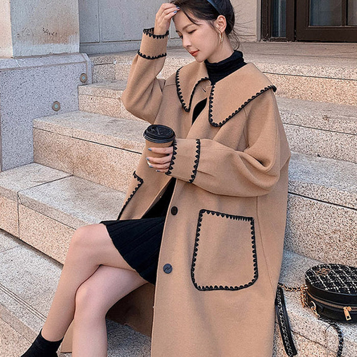 スカラップ刺繍ビッグカラーロングコート