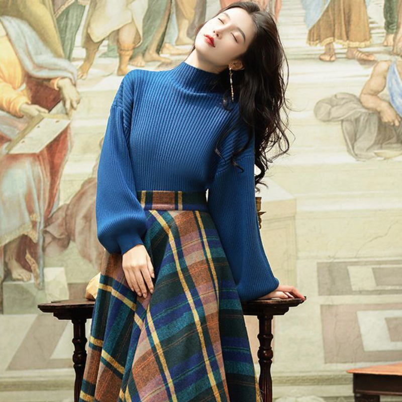 ハイネックニット×クラシカルチェックスカート(2colors)