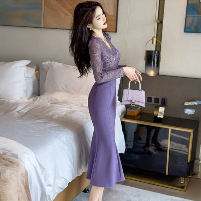 グラマラスレースブラウスコンビマーメイドワンピース