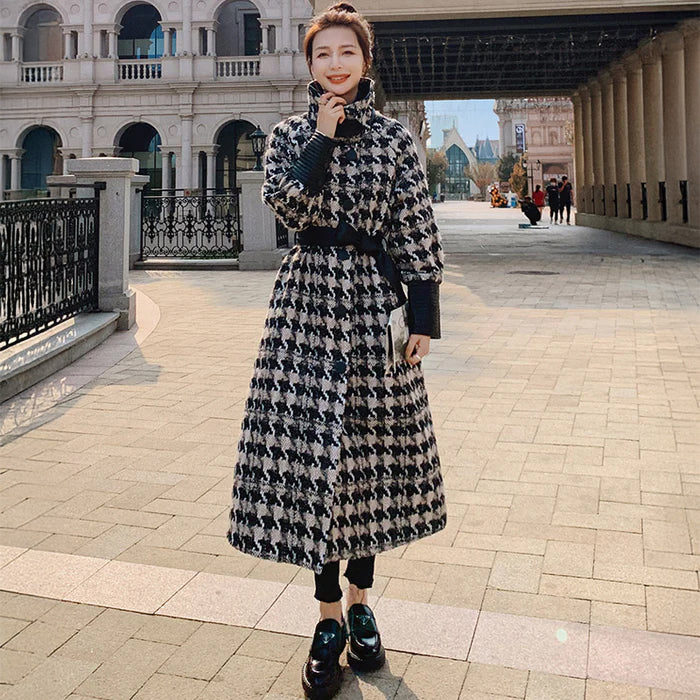 エコレザーコンビネーション千鳥格子柄ロングコート