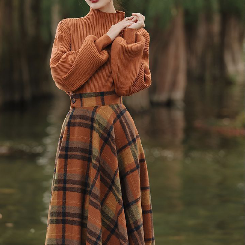 ハイネックニット×クラシカルチェックスカート(2colors)