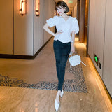 Vネックペプラムトップ×カットオフスキニーデニムパンツ【上下別売り可】