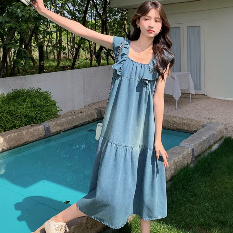 ショルダーフリルデニムティアードワンピース
