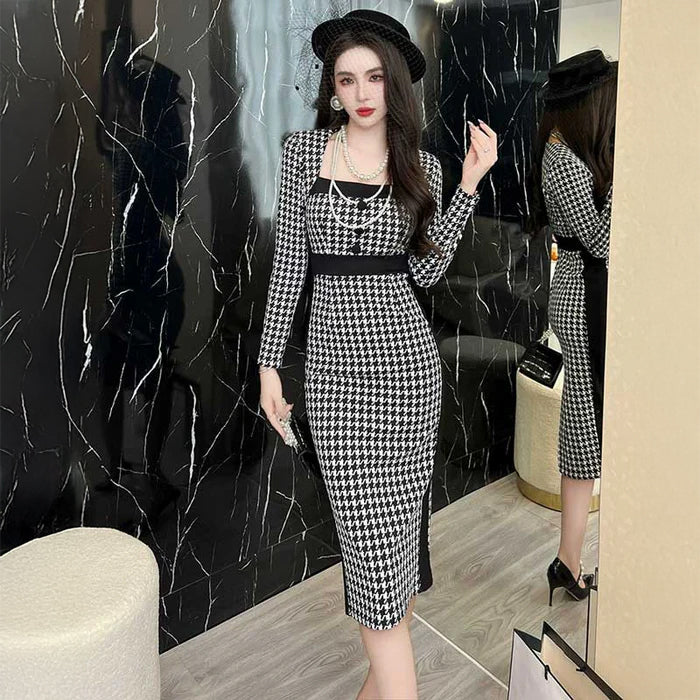 千鳥柄タイトワンピース