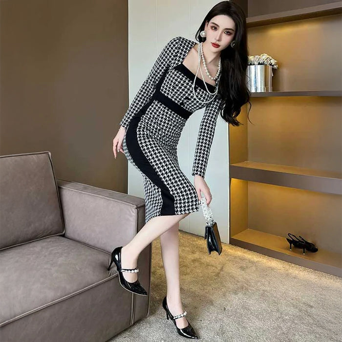 千鳥柄タイトワンピース