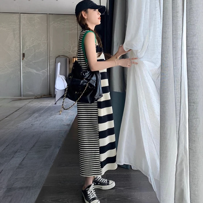 ラウンドネックボーダーロングワンピース