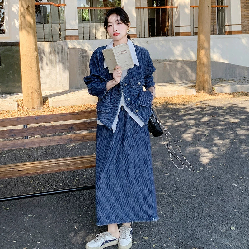 デニムジャケットスカートスーツ×ブラウス3点セット