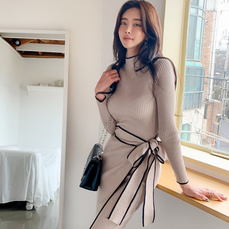 バイカラーラインミドルネックワンピース(2colors)