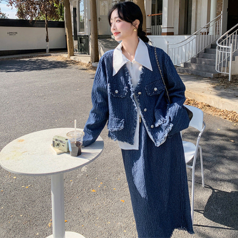 デニムジャケットスカートスーツ×ブラウス3点セット