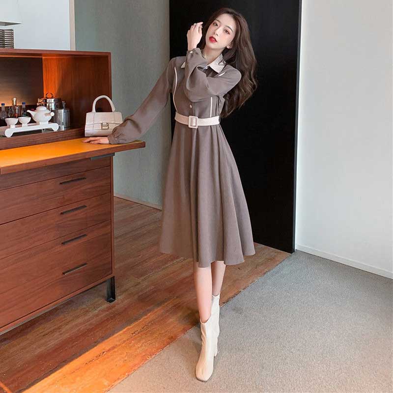 バイカラーパイピングワンピース(2colors)（黒・茶）秋/冬 レトロで知