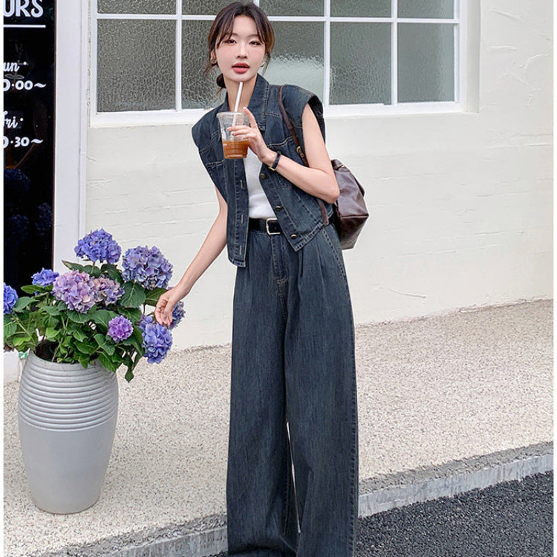 レースベスト ワイドレッグパンツ セットアップ デニム デニムベスト×ワイドレッグパンツセットアップ（青）春/夏/秋