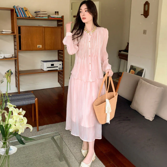 ビジューカラーブラウス×スカートセット