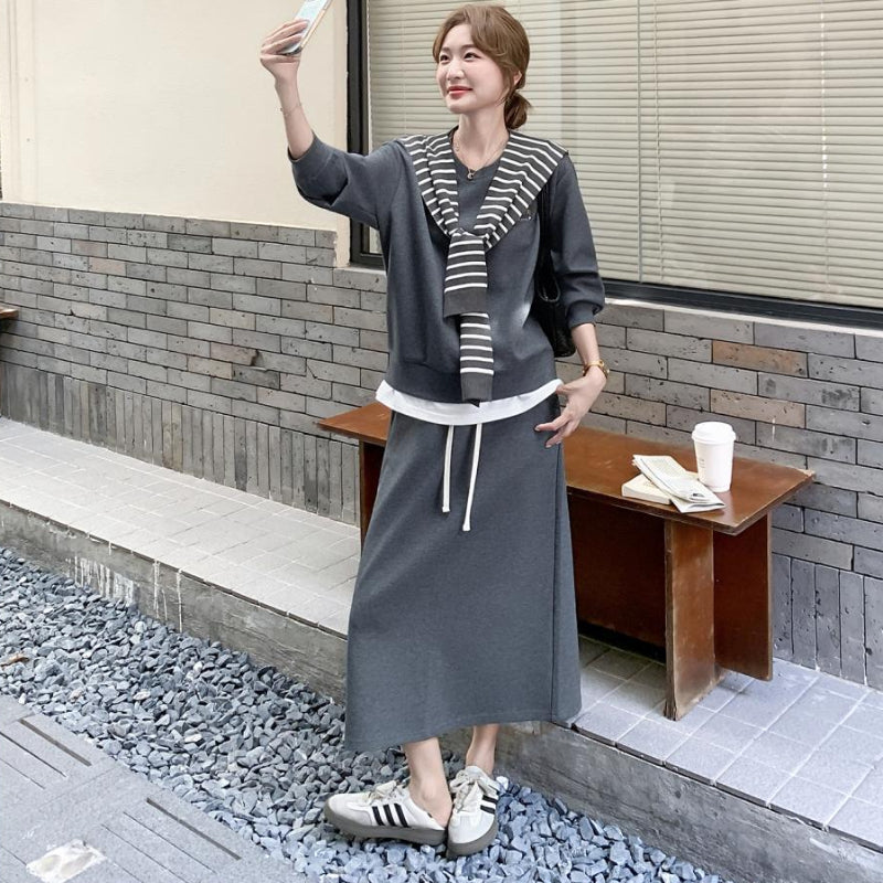ボーダーショール付きスウェット×スカートセットアップ(2colors)