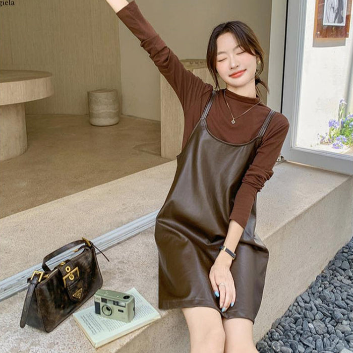 タートルトップス×PUレザーワンピースセット(2colors)