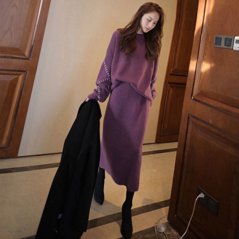 ステッチスリーブニット×スカートツーピースセット(3colors)