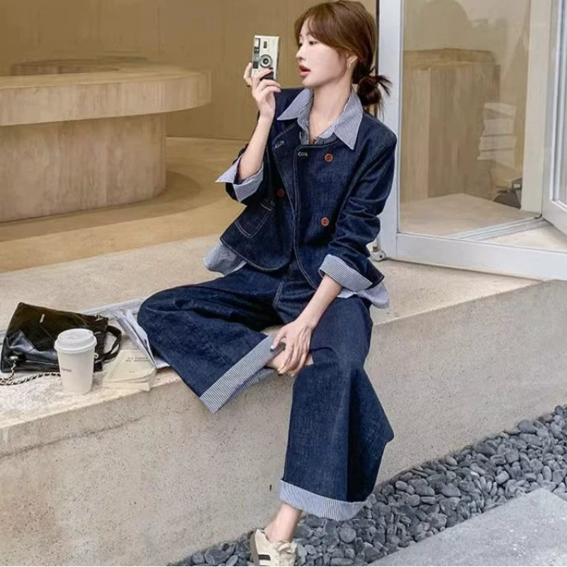 レイヤードデニムジャケット×ワイドデニムパンツセットアップ