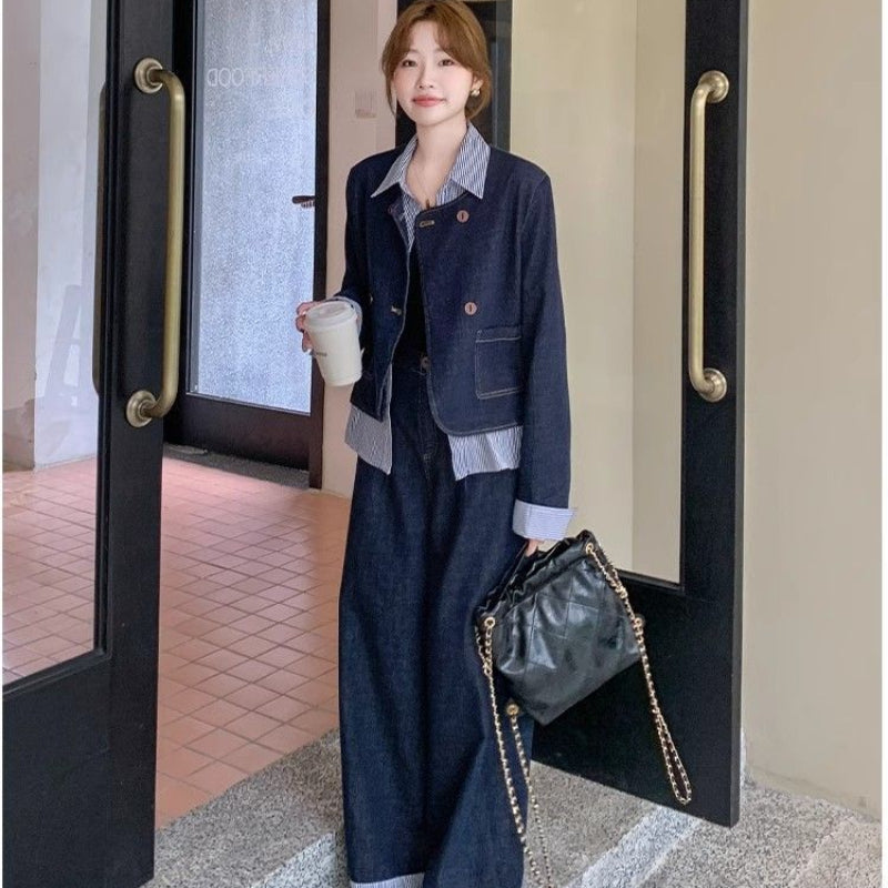 レイヤードデニムジャケット×ワイドデニムパンツセットアップ