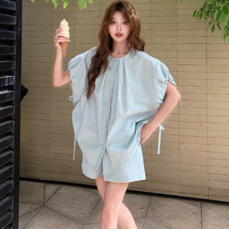 バルーンスリーブトップス×ショートパンツセットアップ