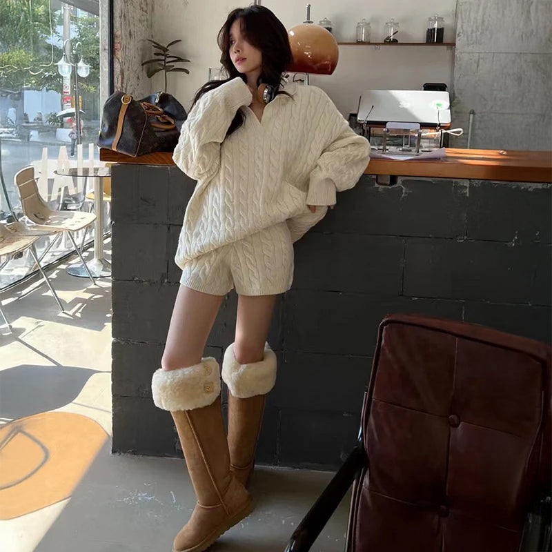 ケーブルニットショートパンツセットアップ