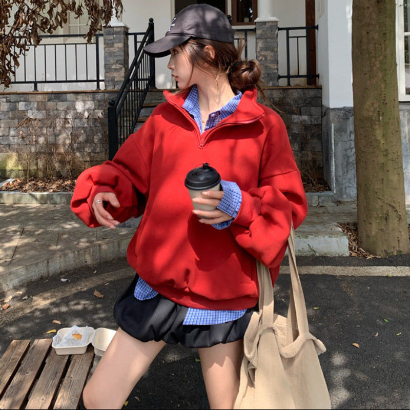 ハーフジップスウェット×チェックシャツ