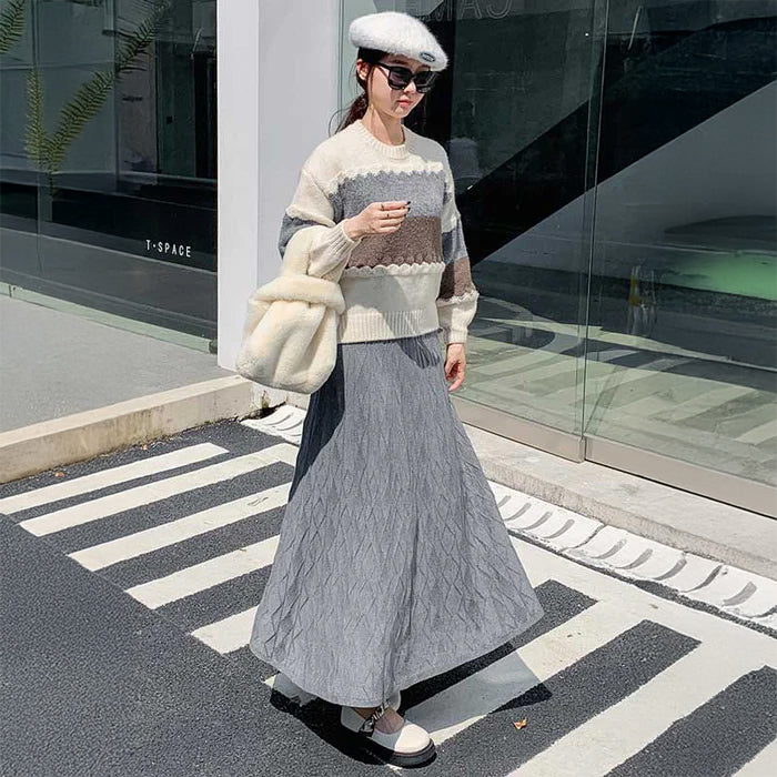 ジオメトリック柄フレアニットスカート(4colors)