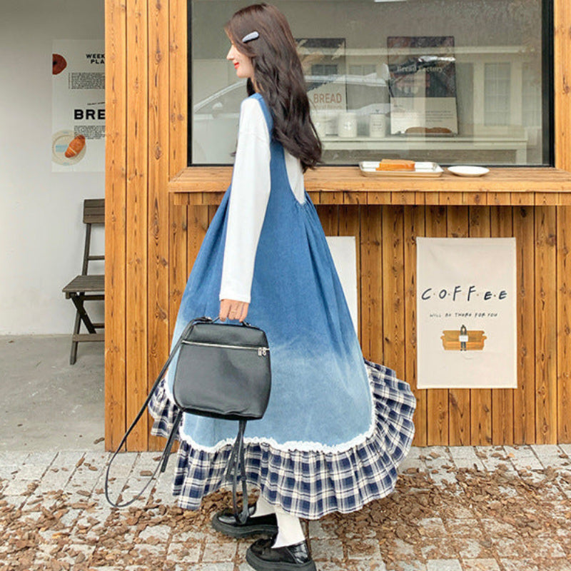 チェックトリムデニムジャンパースカート (青・黒・白) 春/秋 おしゃれ