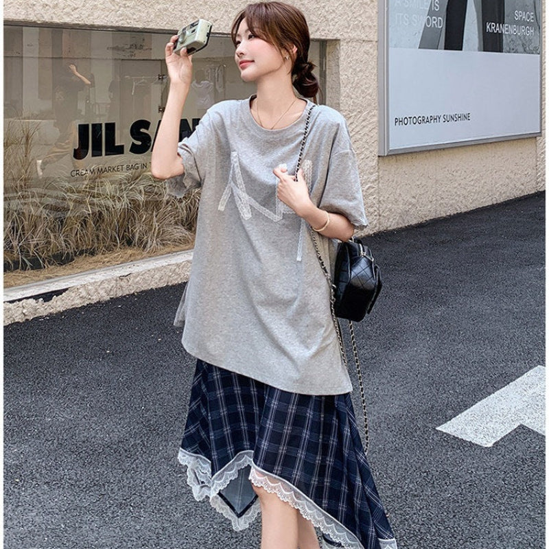 Tシャツドッキングチェックスカートワンピース