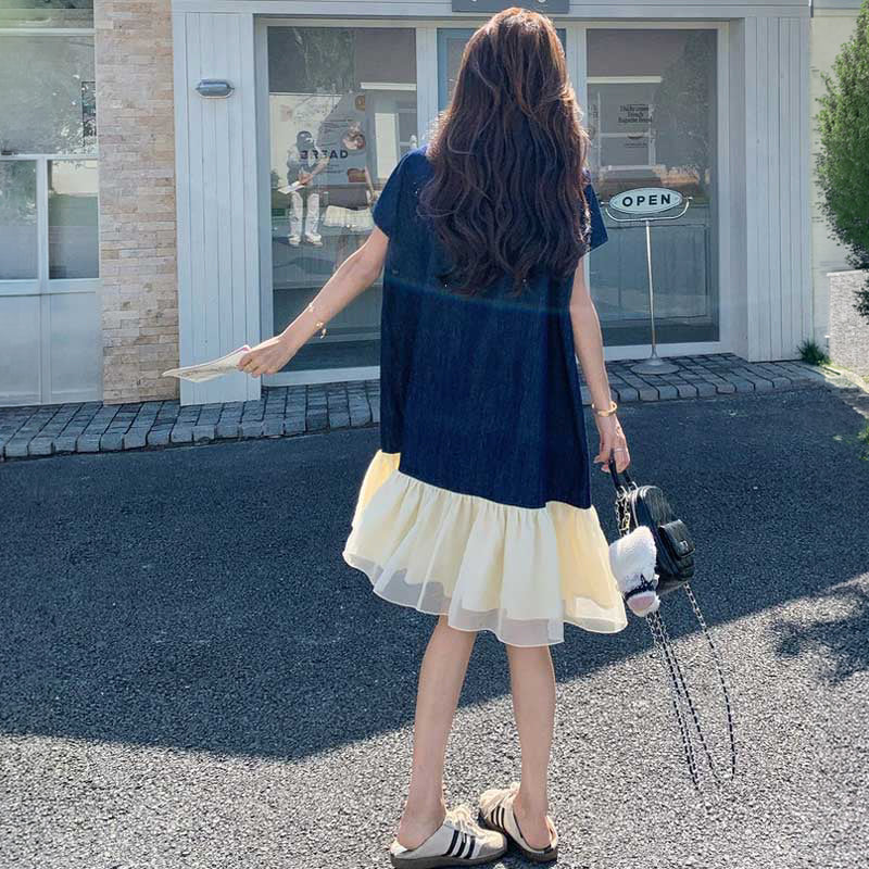 裾シフォンワークデニムワンピース