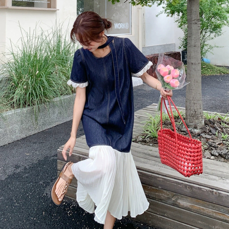 シフォン切り換えデニムワンピース