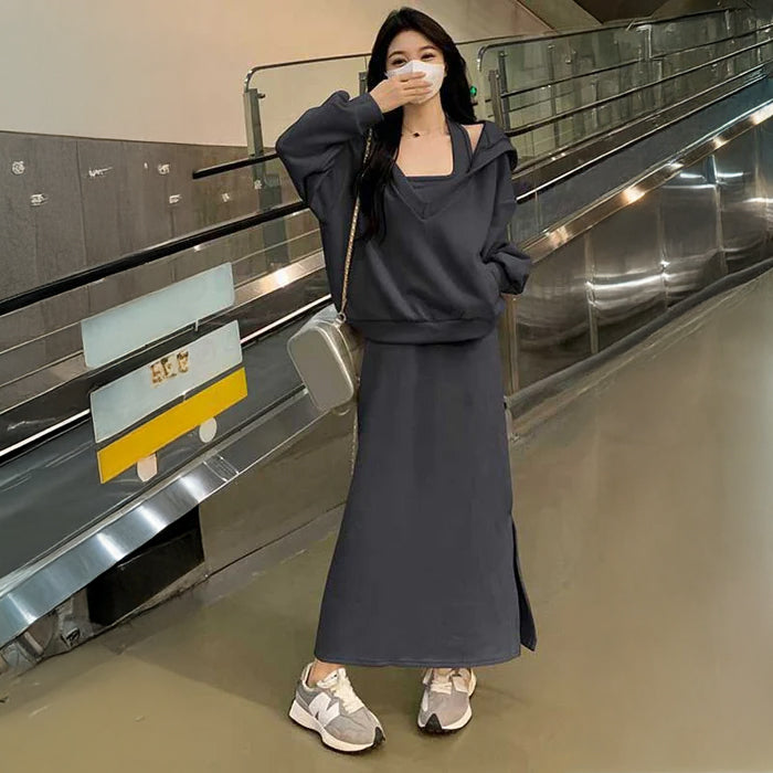 スウェットフーディー×ホルターネックワンピース(4colors)