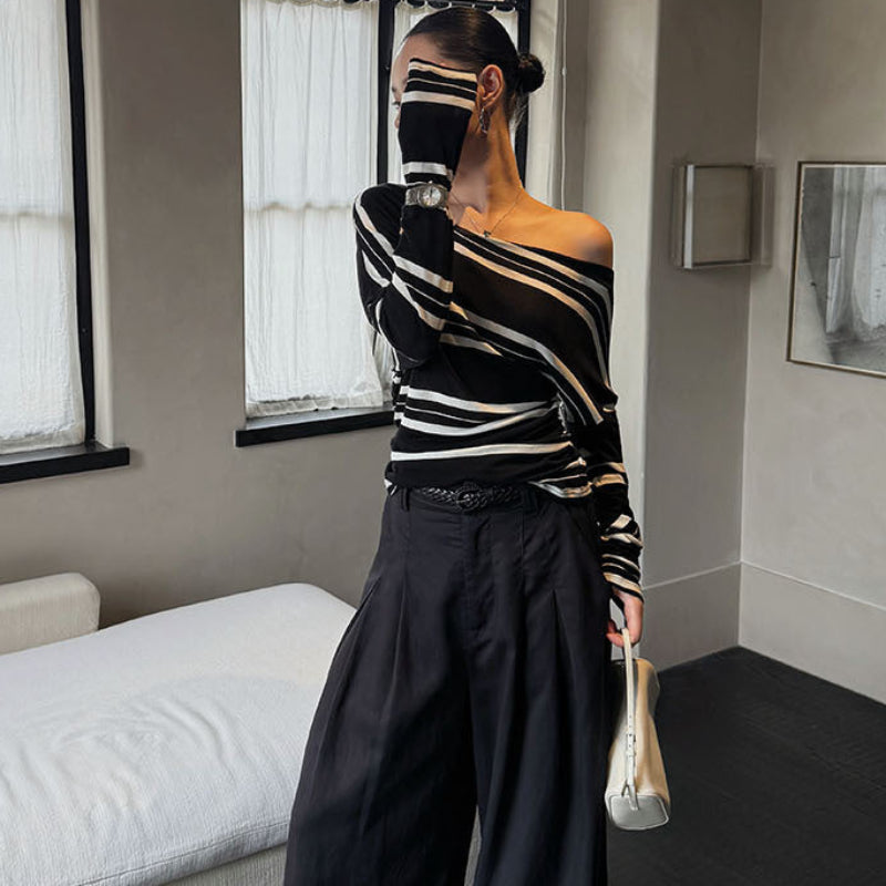 アシメストライプストライプオフショルダートップス(2colors)