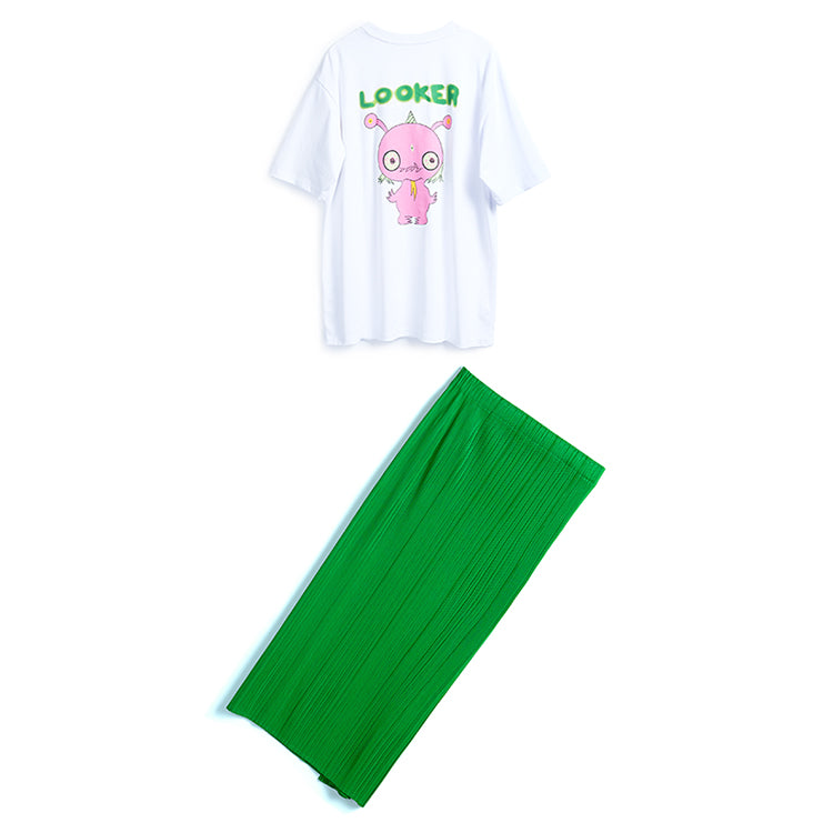 バックプリントオーバーTシャツ×ラップ風プリーツナロースカート【上下別売り可】