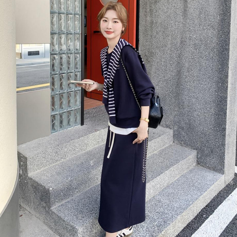 ボーダーショール付きスウェット×スカートセットアップ(2colors)