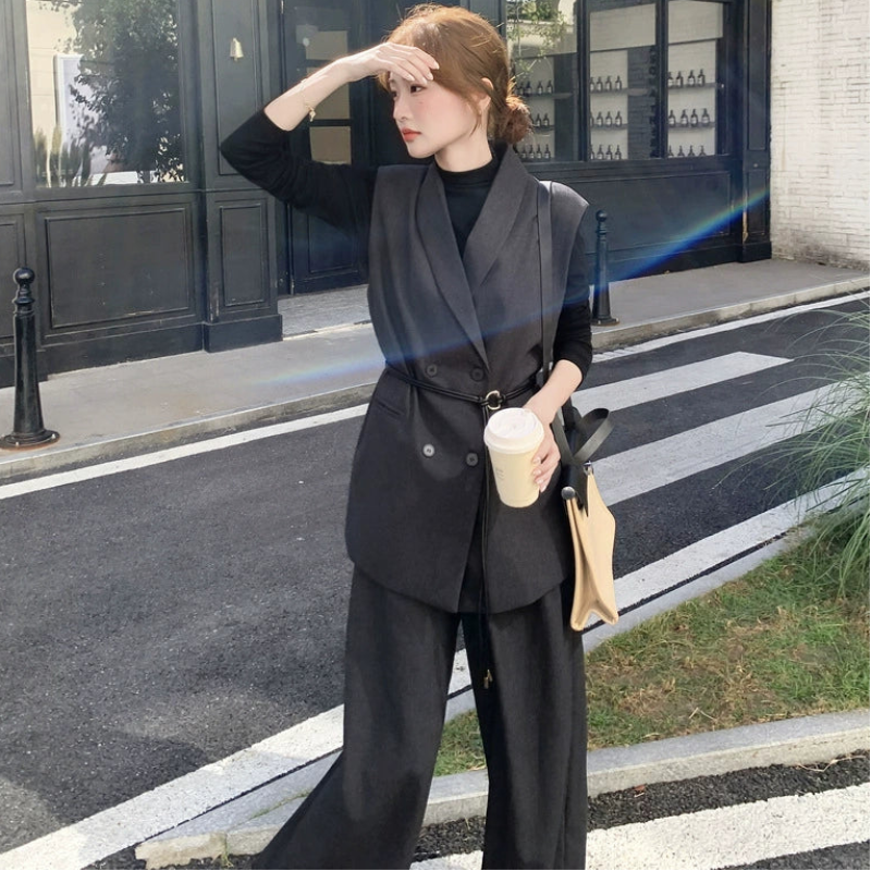 スリーブレスジャケット×トップス×ワイドパンツ3点セット