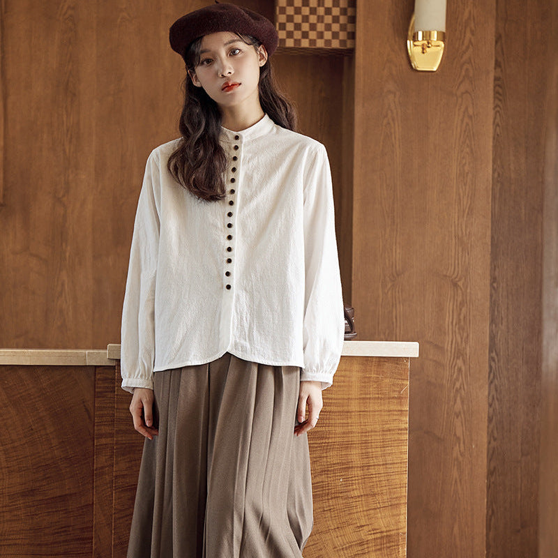 ボタンデザインスタンドカラーブラウス