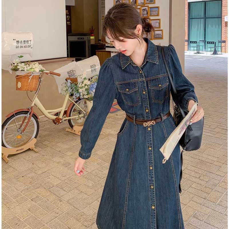 レトロ調デニムシャツワンピース
