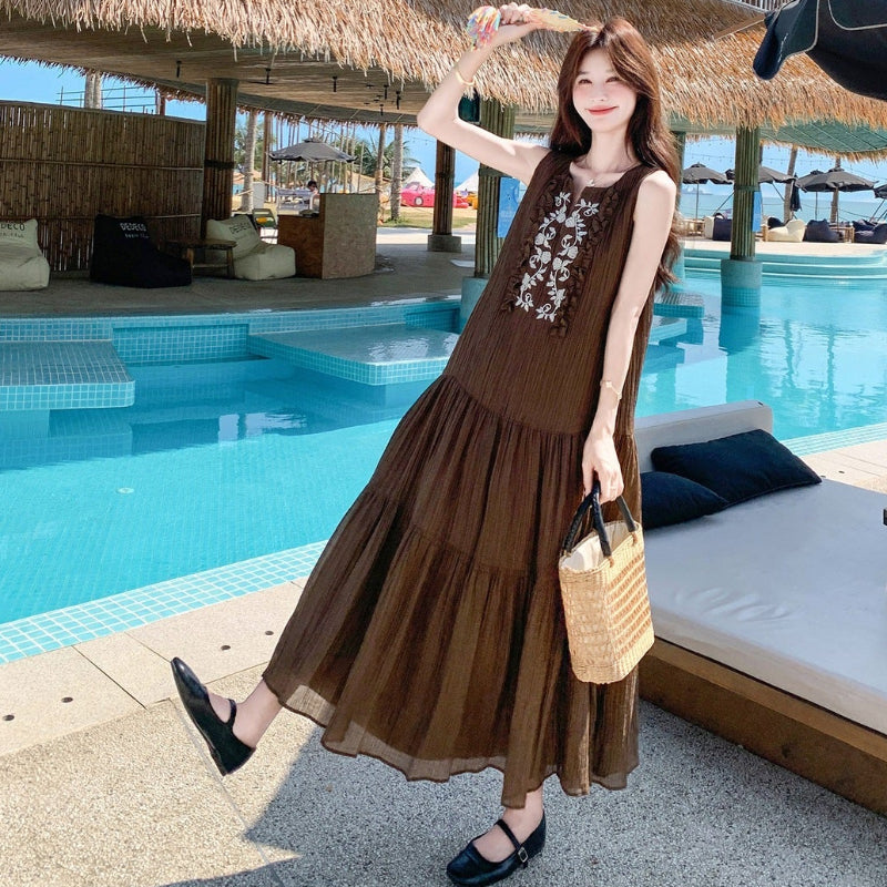 ボヘミアンノースリーブワンピース (茶) 夏 リゾートシーンにぴったり