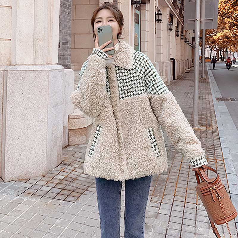 千鳥格子切り替えボアコート