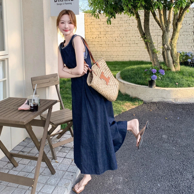ステッチデザインノースリーブデニムワンピース （紺） 春/夏/秋