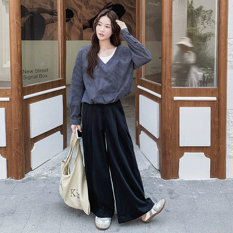 チェックトップス×ワイドパンツセット