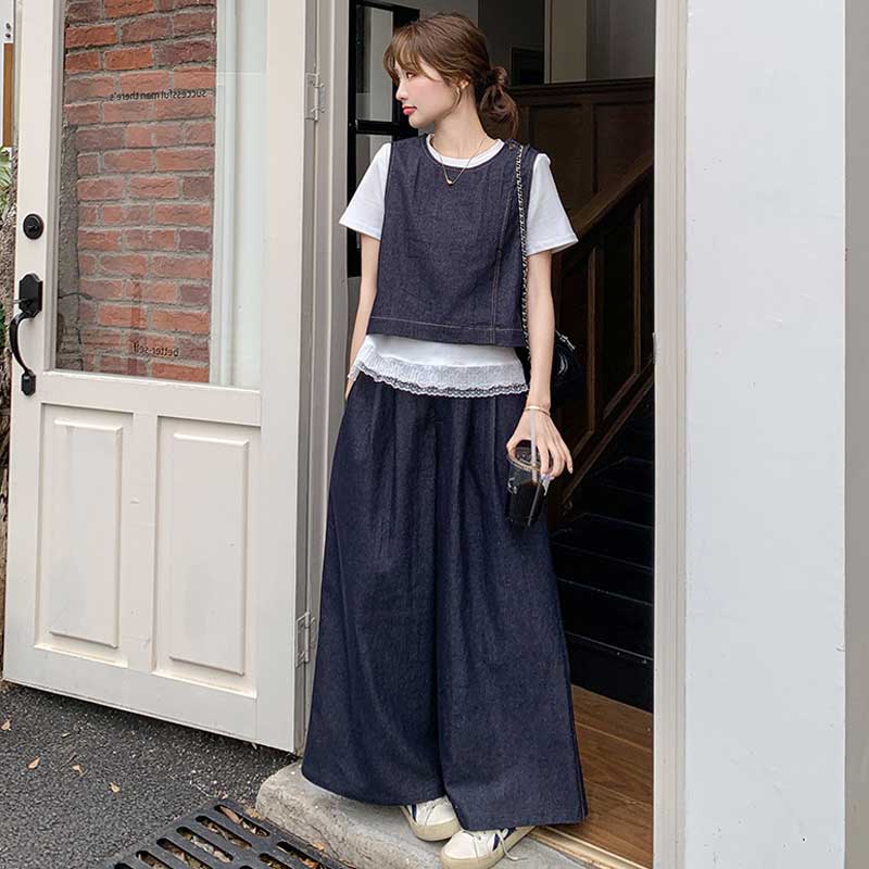 裾レースTシャツ×ワイドデニムセットアップ