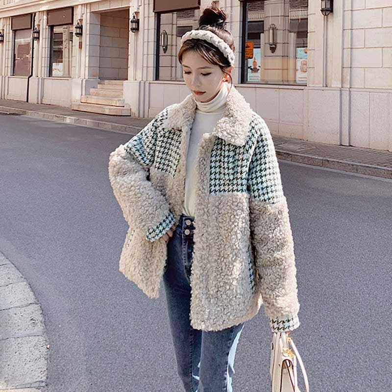 千鳥格子切り替えボアコート