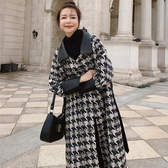 エコレザーコンビネーション千鳥格子柄ロングコート