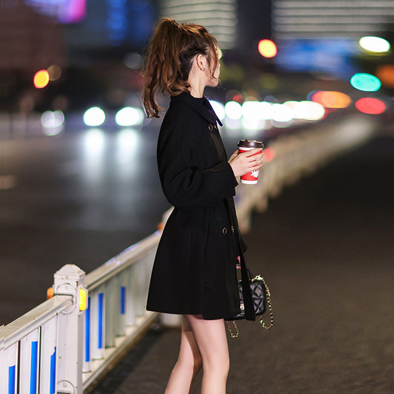 ベルト付きブラックウールコート (黒) 秋/冬/春 幅広いシーンに合わせ