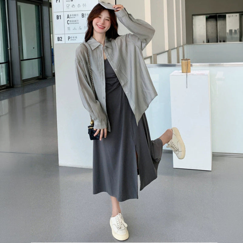 デザインシャツ×サイドスリットワンピースセット