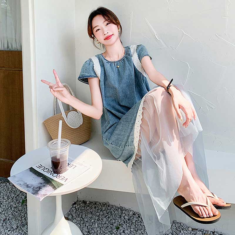 裾チュールデニムワンピース