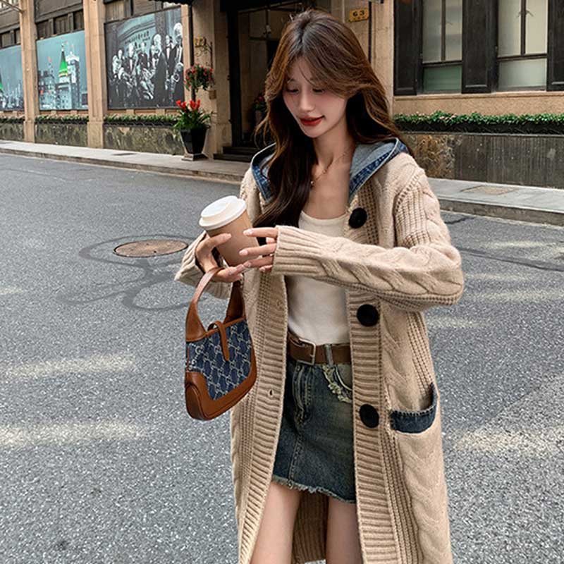 フード付きケーブルロングカーディガン