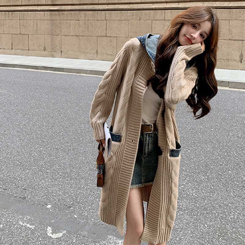 フード付きケーブルロングカーディガン