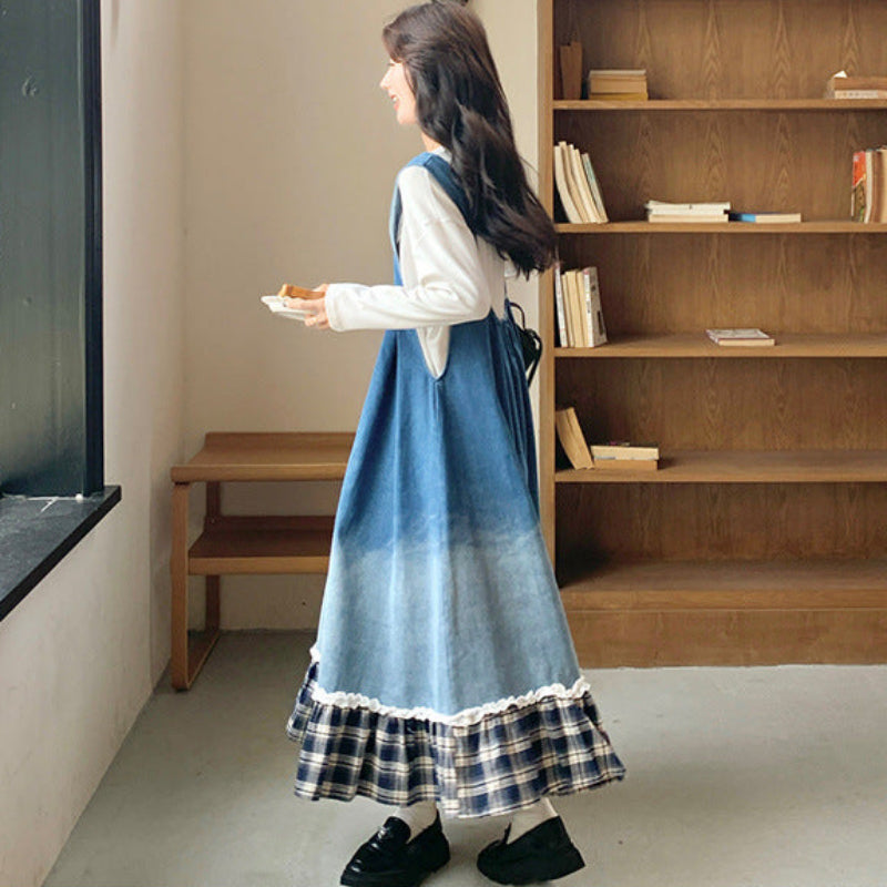 トリムチェックデニムジャンパースカート