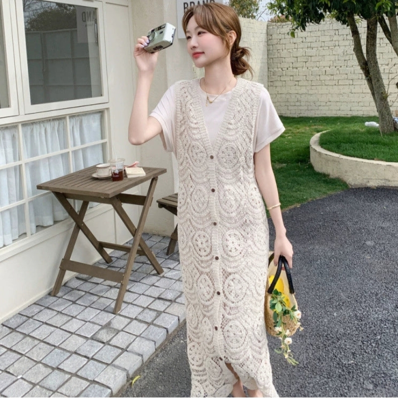 レースロングジレ×ハーフスリーブワンピース